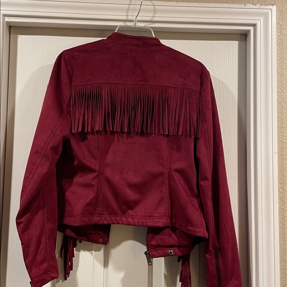 Black Rivet Women's Burgundy Fringe Jacket - Picture 5 of 6